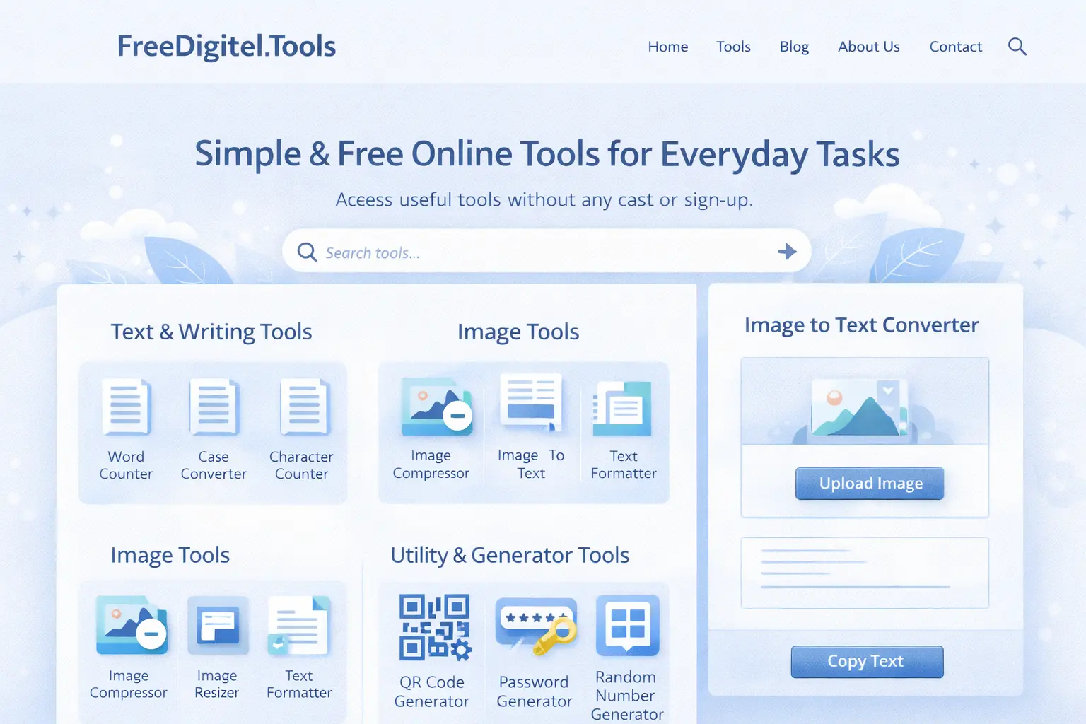 FreeDigitel.Tools free online digital tools website interface with image to text and utility tools
