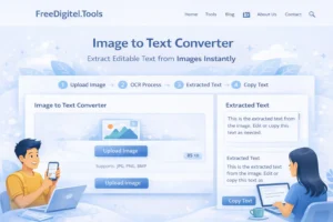 Image to Text Converter tool interface showing OCR process and extracted editable text