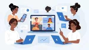 Users accessing online tools on mobile, tablet, and laptop devices